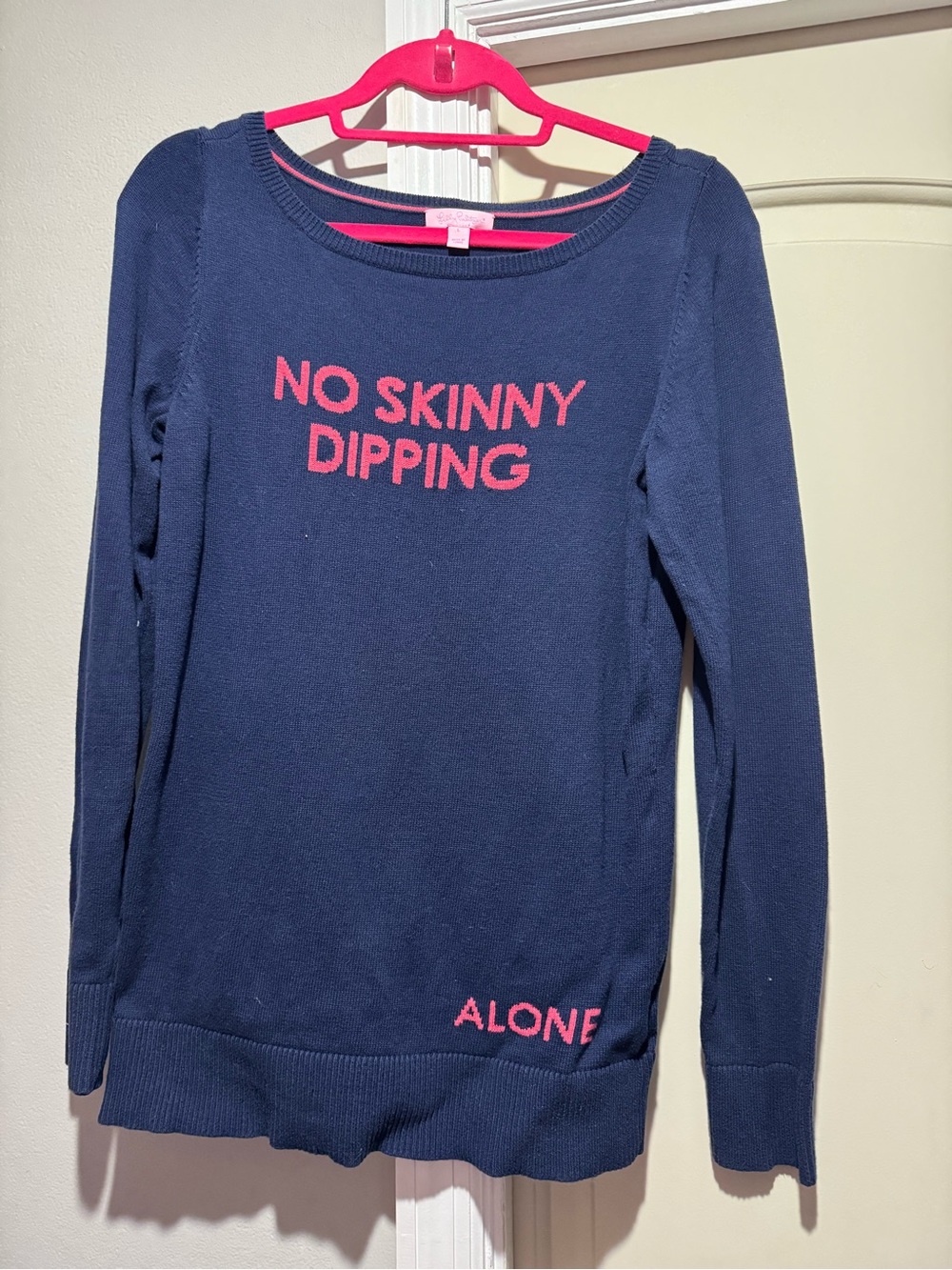 Lilly Pulitzer Navy Sweater with Pink 'NO SKINNY DIPPING' Graphic
